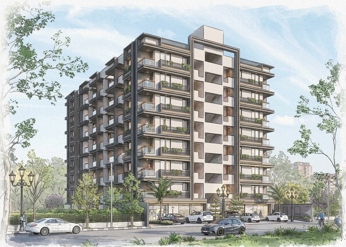 Nihar Nilayam, a mixed-use project by Pathway Design Studio in Chandkheda, Ahmedabad
