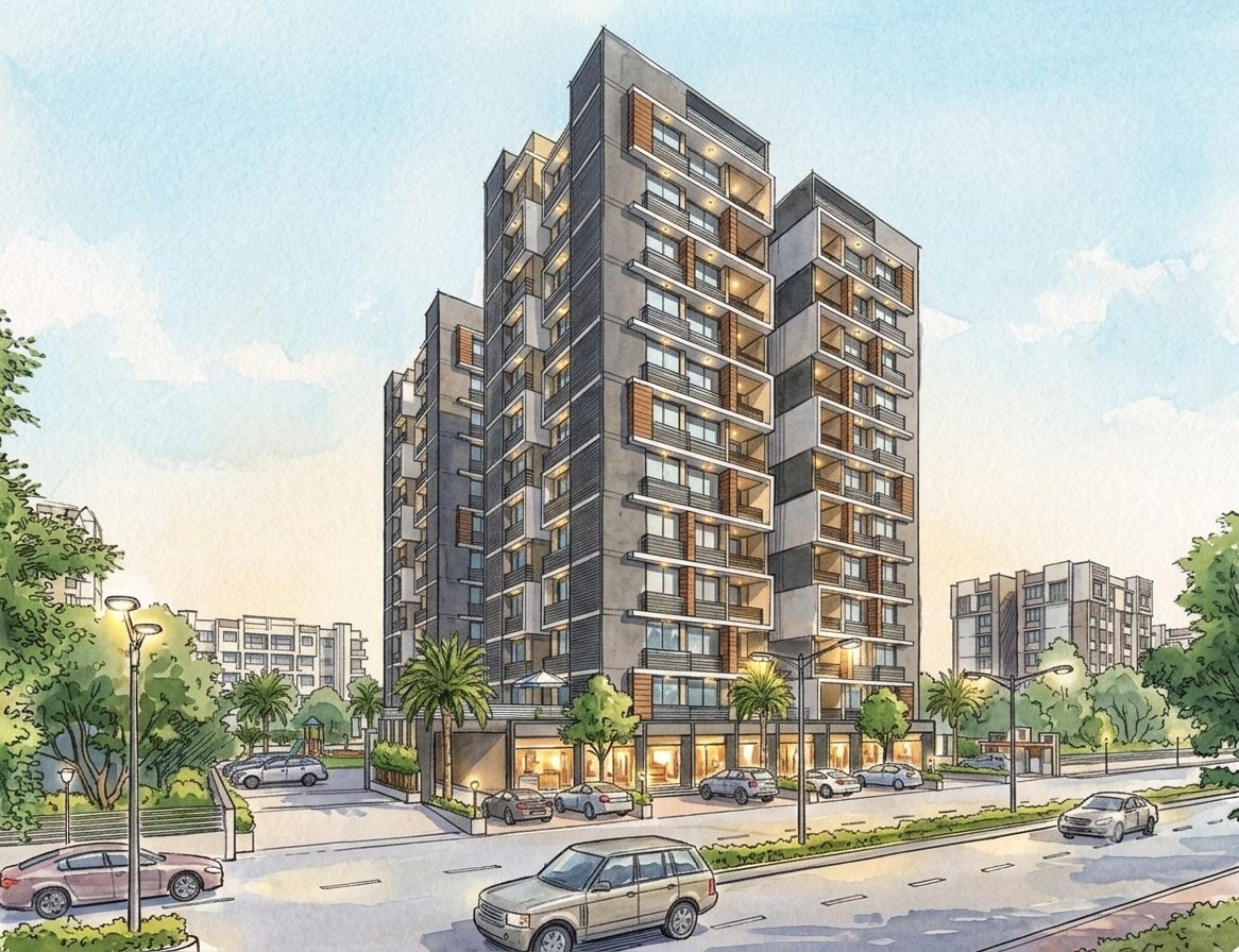 RJ Prime, a mixed-use project by Pathway Design Studio in Zundal, Ahmedabad
