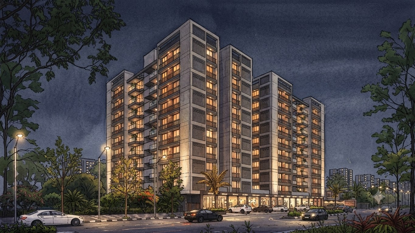 Vrundavan Elegance, a mixed-use project by Pathway Design Studio in Chandlodiya, SP Ring Road